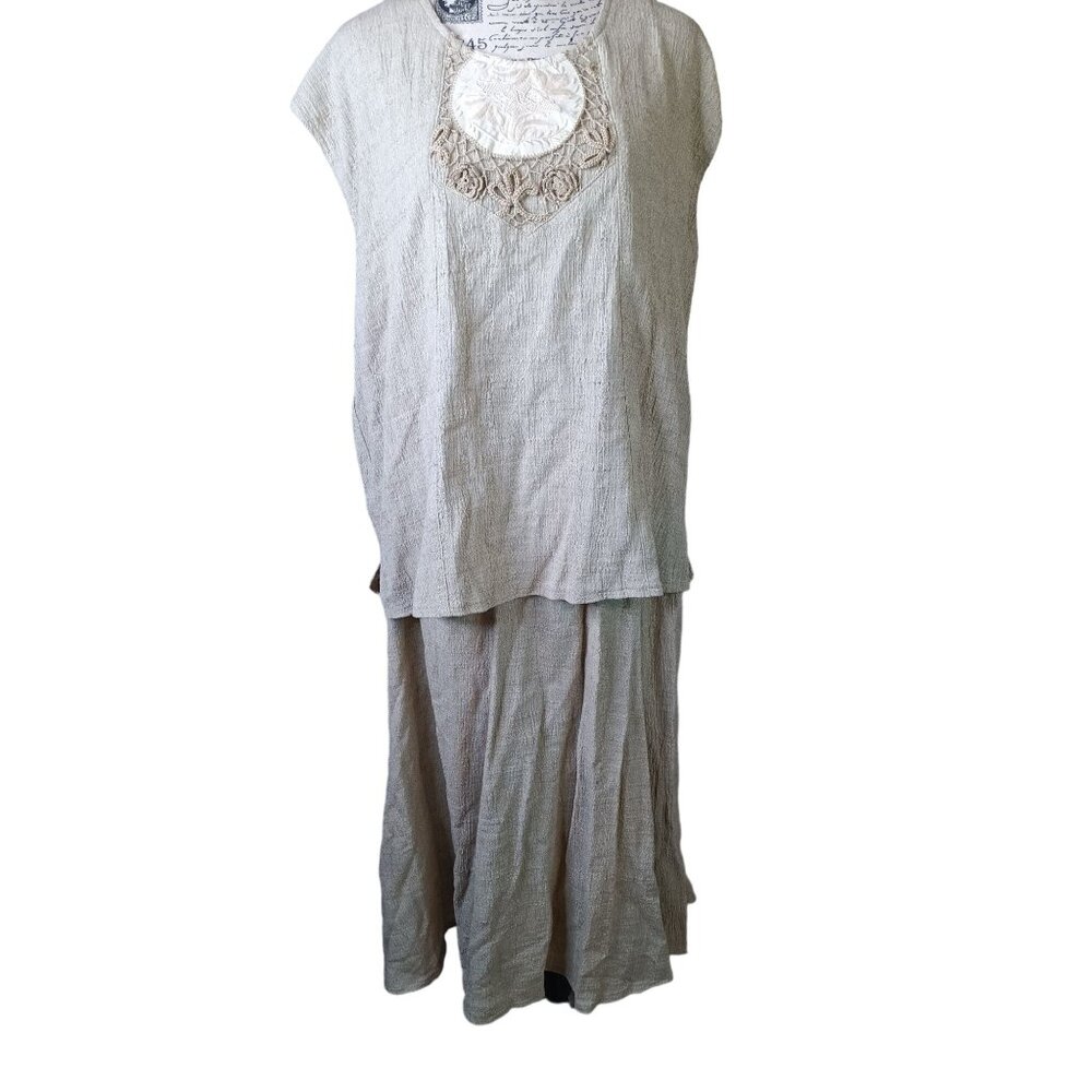 Vintage Lim's 2 Piece XL Shirt and Skirt Set, Beige Crochet Lagenlook Doily Boho